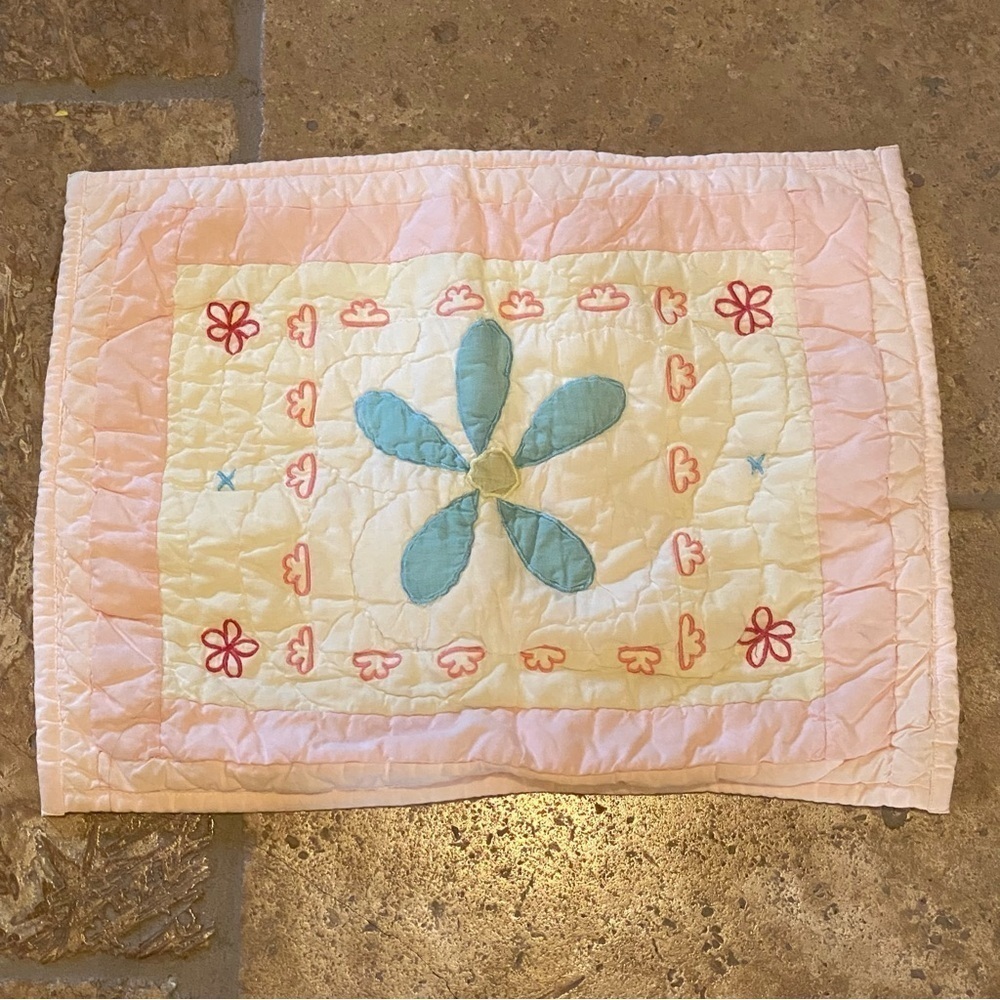 POTTERY BARN KIDS Pink Floral Embroidered Quilted Pillow Cover 12”x16”